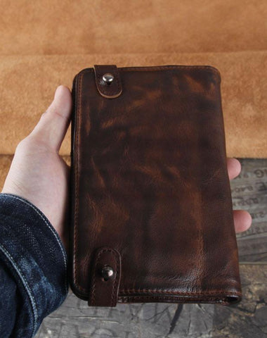 Handmade Leather Mens Cool Long Leather Wallet Bifold Clutch Wallet for Men