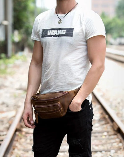 Black Leather Fanny Pack Men Black Leather Hip Bag SALE 