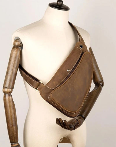 Cool Brown Leather Mens Sling Pack Sling Bags Crossbody Pack Chest Bag for men