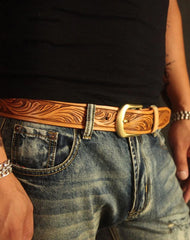 Handmade Vintage Yellow Brown Floral Tooled Leather Mens Belt Carved Leather Belt for Men