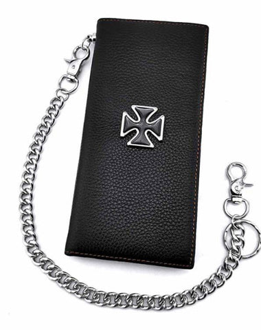 Badass Black Leather Men's Punk Cross Long Biker Chain Wallet Black Long Wallet with Chain For Men