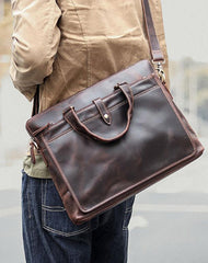 Vintage Dark Brown Mens Leather Briefcase Work - Front View