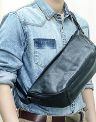 Cool Black Leather Men Chest Bag Large Sling Bag One Shoulder Backpack Sling Packs For Men