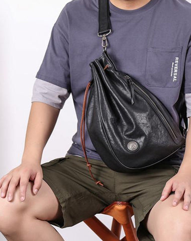 Cool Black Leather Men's Sling Pack Chest Bag One shoulder Backpack Crossbody Pack For Men