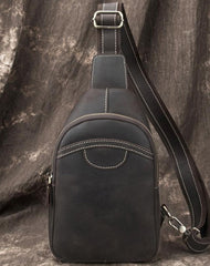 Black Leather Sling Backpack Mens Sling Pack - Front View