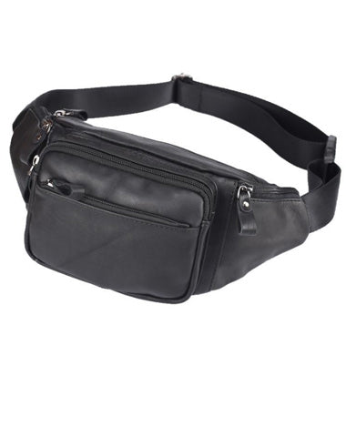 Badass Leather Fanny Pack Men's Black Chest Bag Hip Bag 8 inches Waist Bag For Men