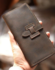 Handmade Dark Brown Leather Mens Bifold Long Wallet Cards Long Wallet For Men