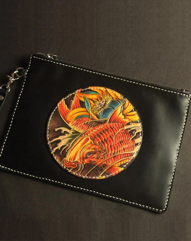 Cool Handmade Tooled Leather Floral Skull Clutch Wallet Wristlet Bag Clutch Purse For Men