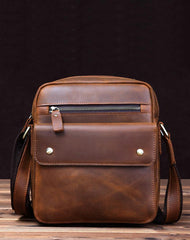 Vintage Brown Leather Messenger Bag Men's Vertical Side Bag Small Vertical Courier Bag For Men