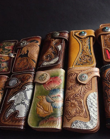 Tooled Handmade Leather Mens Long Biker Wallets Chain Wallet Biker Chain Wallets For Men