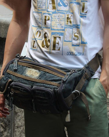 Blue Denim Mens Casual Waist Bag Fanny Packs Blue Jean Hip