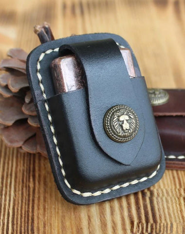 Handmade Black Leather Mens Classic Zippo Lighter Case Zippo Lighter Holder with Belt Clip