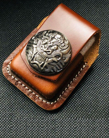 Brown Handmade Leather Mens Chinese Lion Zippo Lighter Holders Lighter Case For Men
