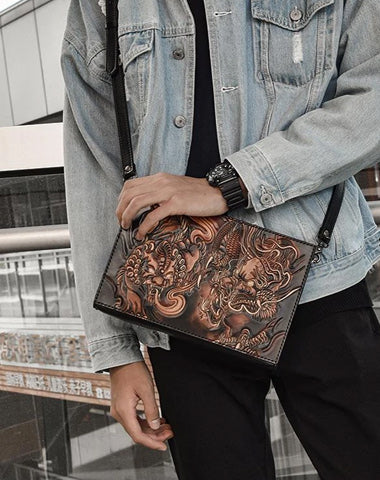 Handmade Black Tooled Lion Dragon Leather Messenger Bags Side Bag Clutch Wristlet Bag For Men