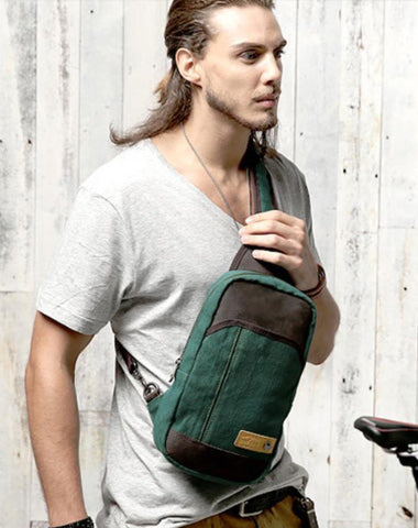 Green Canvas Sling Backpack Men's Sling Bag Coffee Chest Bag Canvas One shoulder Backpack For Men