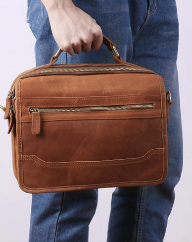 Small Brown Leather Briefcase Messenger Bag Work Vintage Handbag Shoulder Bag For Men