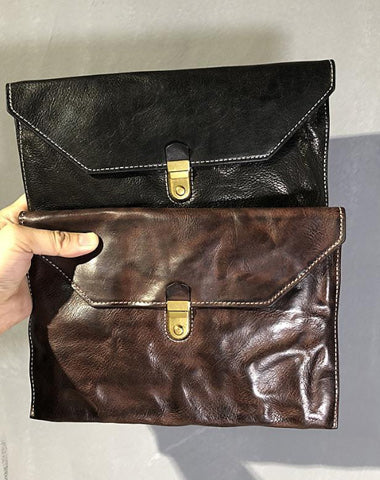 Simple Leather Black Mens Envelope Clutch Bag Vintage Coffee Clutch Wallet for Men