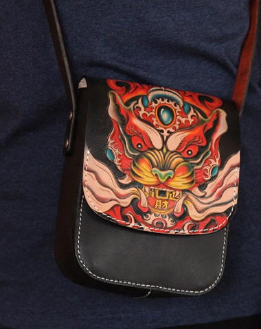 Black Handmade Tooled Leather Monster Small Vertical Courier Bag Messenger Bag For Men