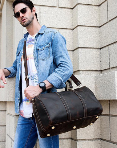 Cool Brown Leather Mens Weekender Bag Dark Coffee Travel Duffle Bag for Men