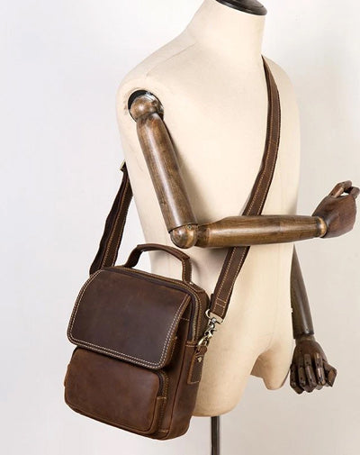 Dark Brown Leather 10 inches Vertical Messenger Bag Cool Side Bag Courier Bag Postman Bag for Men