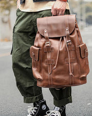 Cool Black Leather Mens Travel Large Backpack Work Handbag 16 inches Work Backpack For Men