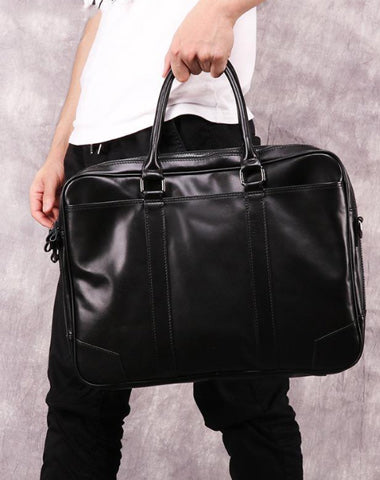 Black Leather Mens 15.6 inches Laptop Work Bag Handbag Briefcase Black Shoulder Bag Business Bags For Men