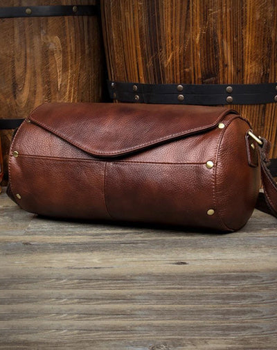 Cool Brown Leather Mens Bucket Courier Bag Side Bag Brown Postman Bag Messenger Bag For Men