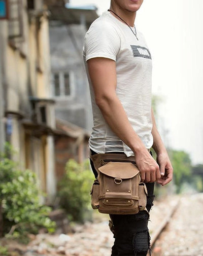 Cool Brown Leather Mens Fanny Pack Khaki Waist Bags Belt Tool Bag Hip Pack Belt Bag Bumbag for Men