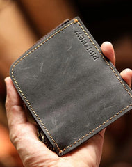 Handmade Slim Black Leather Mens billfold Wallet Zipper Small Wallet Front Pocket Wallet For Men