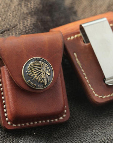 Handmade Indian Brown Leather Mens Classic Zippo Lighter Case With Belt Clip Lighter Holders For Men