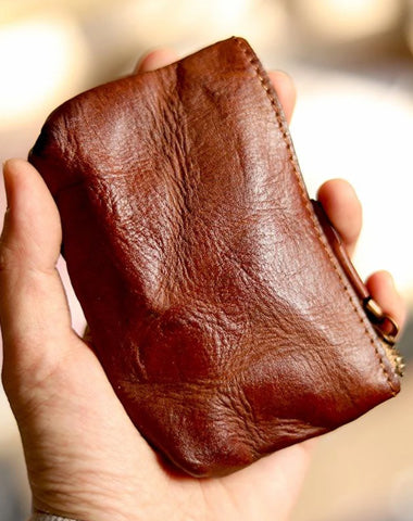 Vintage Slim Brown Leather Mens Coin Wallet Zipper Coin Holder Brown Change Pouch For Men