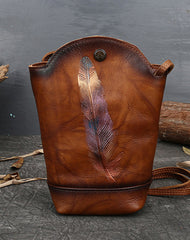 Vintage Womens Brown Leather Shoulder Bucket Bag - Front View