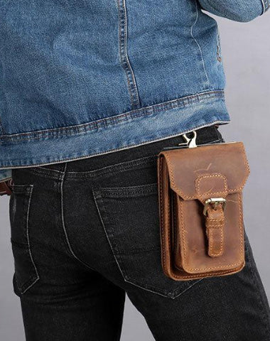 Vintage Brown Leather Men's Belt Pouch Cell Phone Holster Waist Bag For Men