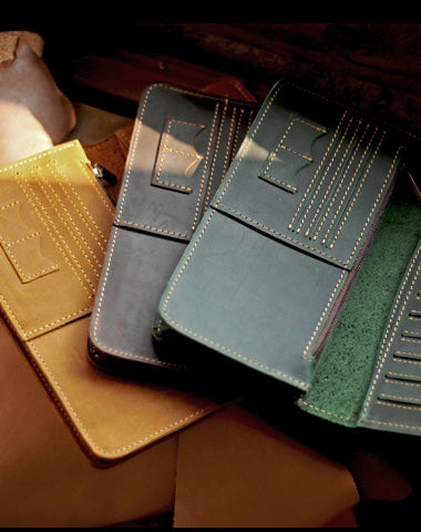 Black Handmade Tan Leather Mens Long Wallet Bifold Green Long Wallet For Men