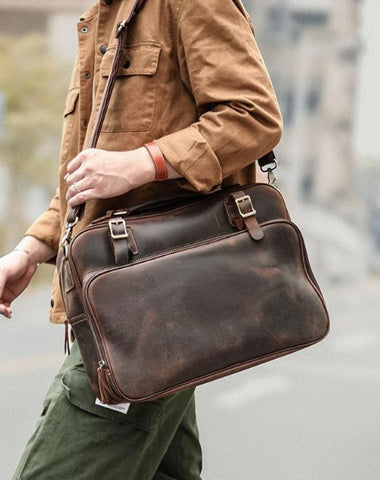 Vintage Dark Brown Mens Leather Briefcase Work Handbag Brown 15'' Computer Briefcase For Men
