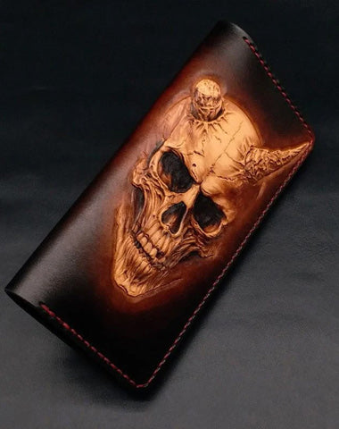 Dark Coffee Handmade Tooled Death Skull with Horn Leather Mens Bifold Long Wallet Clutch For Men