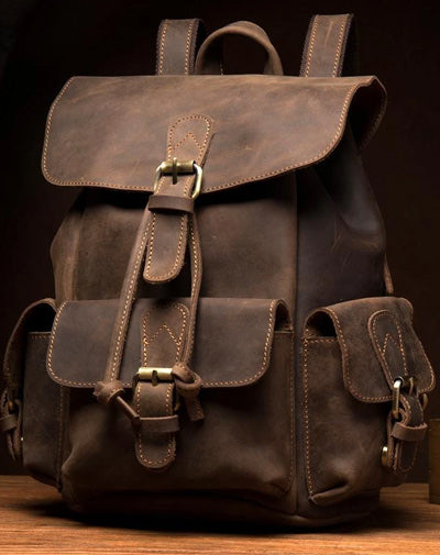 Casual Dark Brown Leather Mens 12 inches Laptop Backpack Leather school Backpack for Men