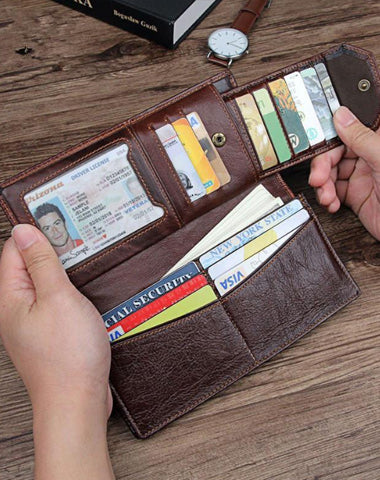 Simple Brown Leather Long Wallet for Men Bifold Long Wallet Brown Multi-Cards Wallet For Men