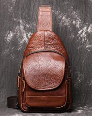 Brown Leather Men's Sling Bag Sling Pack - Front View
