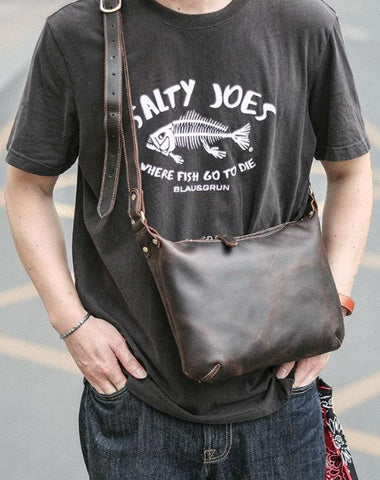 Dark Brown Leather Mens Casual 10" Courier Bags Messenger Bag Small Brown Postman Bags For Men