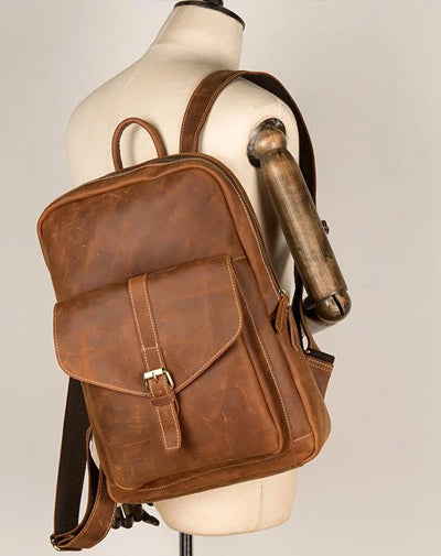Casual Brown Large Leather Mens 15 inches Travel Backpack Computer Backpack School Backpack for Men
