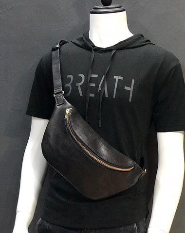 Black Handmade Leather Men Fanny Packs Small Waist Bag Hip Pack Belt Bag Bumbag for Men