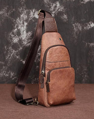 Brown Cool LEATHER MENS 8 inches Sling Bag Yellow One Shoulder Backpack Gray Chest Bag For Men