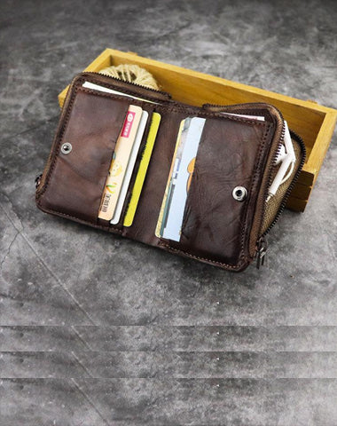 Brown Leather Men's Yellow Zipper Camel Small Wallet Bifold billfold Card Wallet For Men