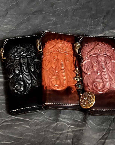 Badass Black Leather Men's Long Biker Handmade Wallet Ganesha Tooled Zipper Chain Long Wallets For Men
