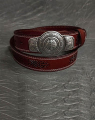 Fashion Red Brown Leather Metal Belt Motorcycle Belt Leather Biker Circle Belt For Men