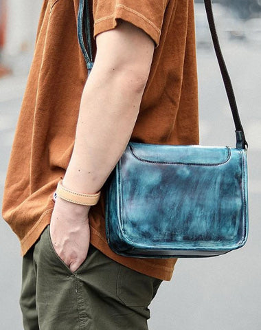 Casual Small Leather Mens Blue Side Bag Postman Bag Blue Messenger Bag For Men