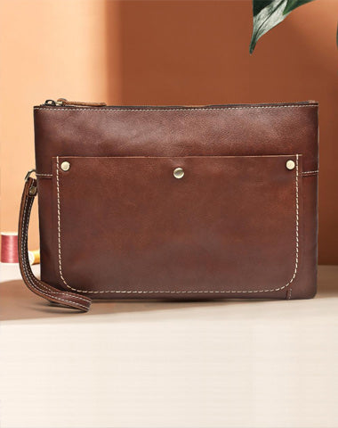 Large Brown MENS LEATHER SLIM ZIPPER CLUTCH Dark Coffee WRISTLET PURSE Envelope Briefcase Bag For Men