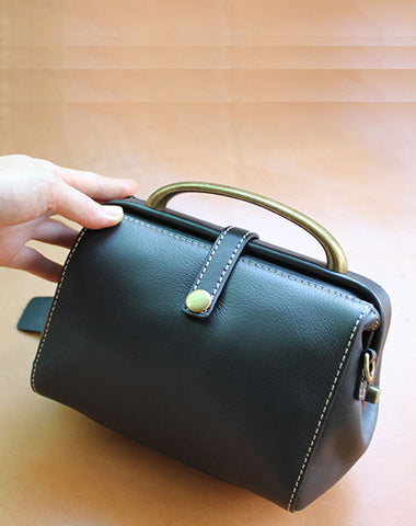 Handmade Womens Black Leather Mini Doctor Handbags Shoulder Purses Black Doctor Purses for Women