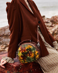 Womens Red Leather Round Handbag Purses Vintage Handmade Round Shoulder Bag Crossbody Handbag for Women